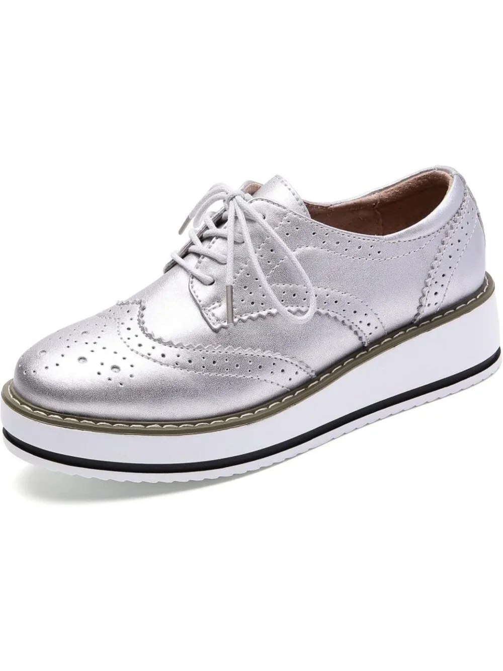 Women's Sliver Round Toe Lace Up Leather Oxford Shoes Wingtip White Platform